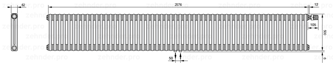 Схема (чертеж) Радиатор Zehnder Charleston 2050/56 №V008 Белый глянцевый RAL 9016